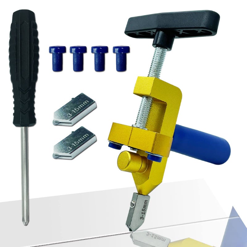Kannony Wind Glass Cutter Hand Tool, Manual Tile Cutter, 2 in 1 Glass Cutting Tool with Glass Breaking Pliers, DIY Tool Kit, 3 Tungsten Steel Blades, 4 Tips, 1 Screwdriver, Golden - Image 1